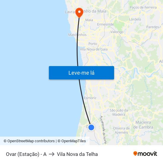 Ovar (Estação) - A to Vila Nova da Telha map