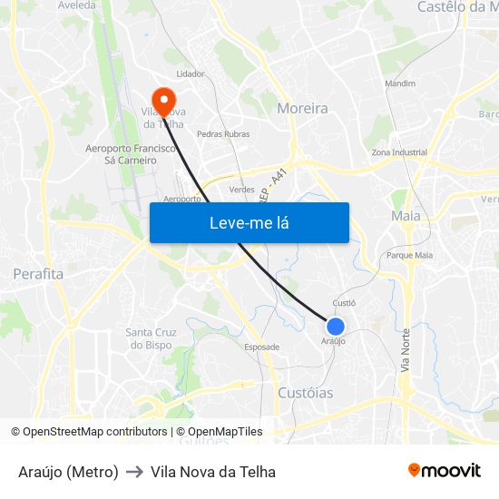 Araújo (Metro) to Vila Nova da Telha map