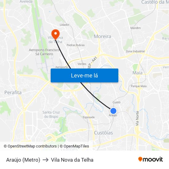 Araújo (Metro) to Vila Nova da Telha map