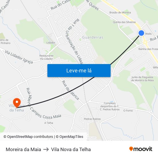 Moreira da Maia to Vila Nova da Telha map