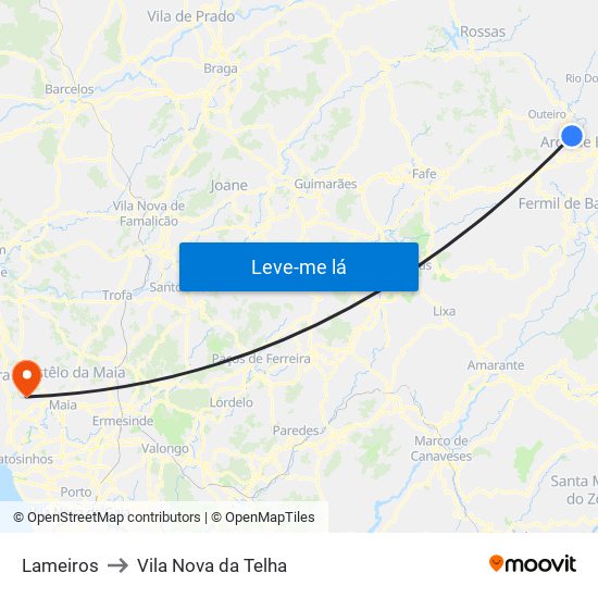 Lameiros to Vila Nova da Telha map