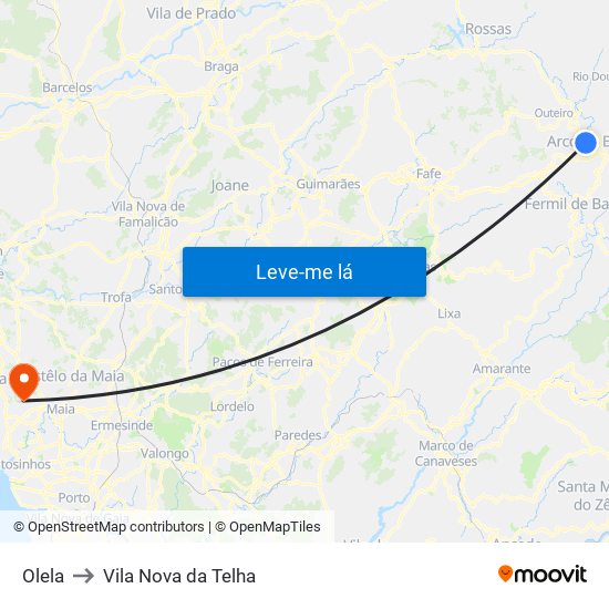 Olela to Vila Nova da Telha map