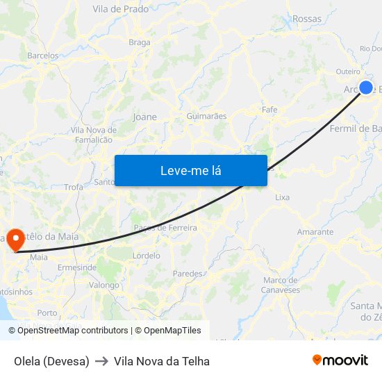 Olela (Devesa) to Vila Nova da Telha map