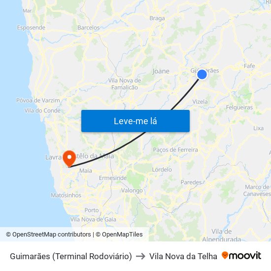 Guimarães (Terminal Rodoviário) to Vila Nova da Telha map