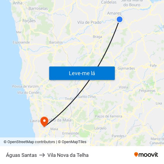 Águas Santas to Vila Nova da Telha map