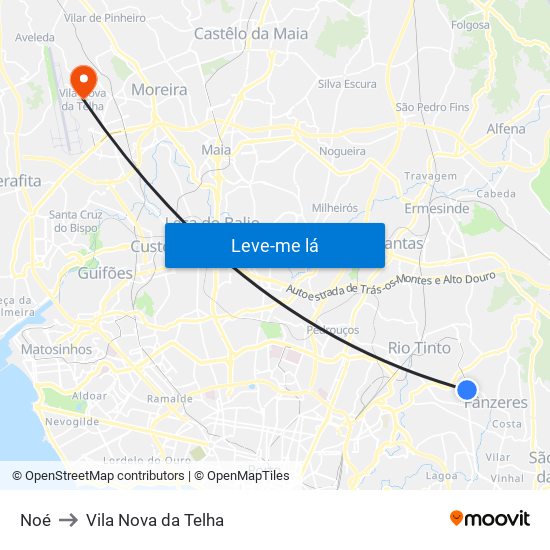 Noé to Vila Nova da Telha map