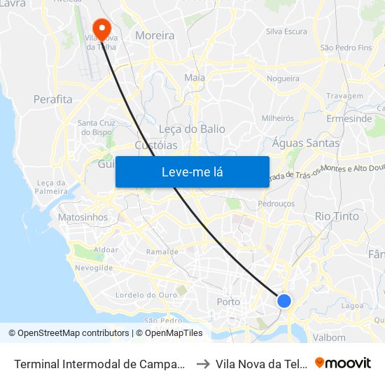 Terminal Intermodal de Campanhã to Vila Nova da Telha map