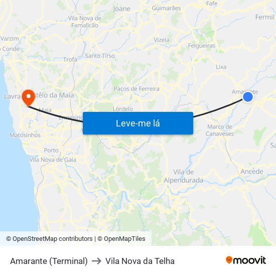 Terminal Rodoviário Amarante to Vila Nova da Telha map