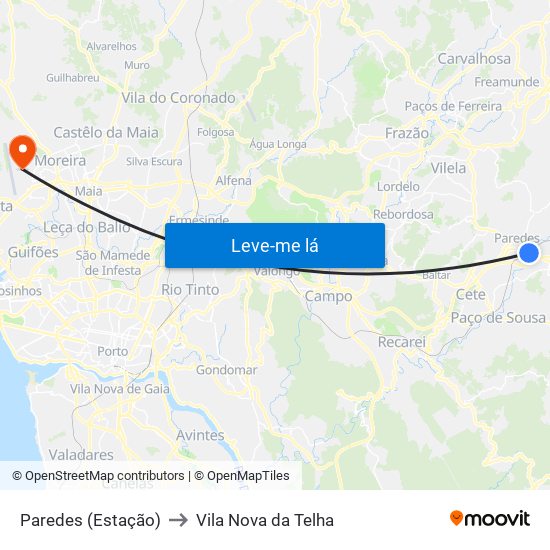 Paredes (Estação) to Vila Nova da Telha map