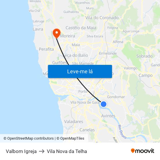 Valbom Igreja to Vila Nova da Telha map