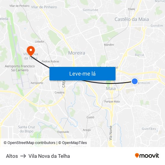 Altos to Vila Nova da Telha map