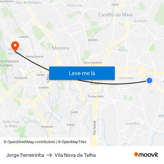 Jorge Ferreirinha to Vila Nova da Telha map