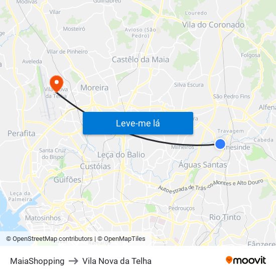 MaiaShopping to Vila Nova da Telha map