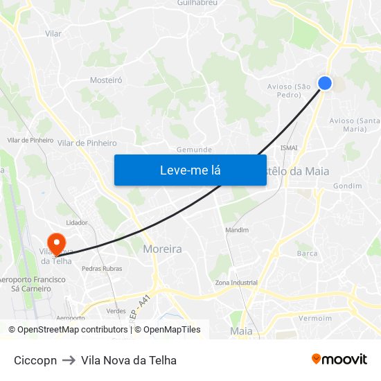 Ciccopn to Vila Nova da Telha map