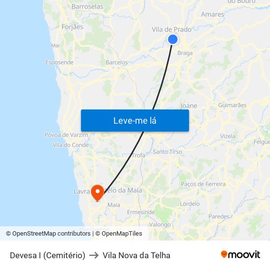 Devesa I (Cemitério) to Vila Nova da Telha map
