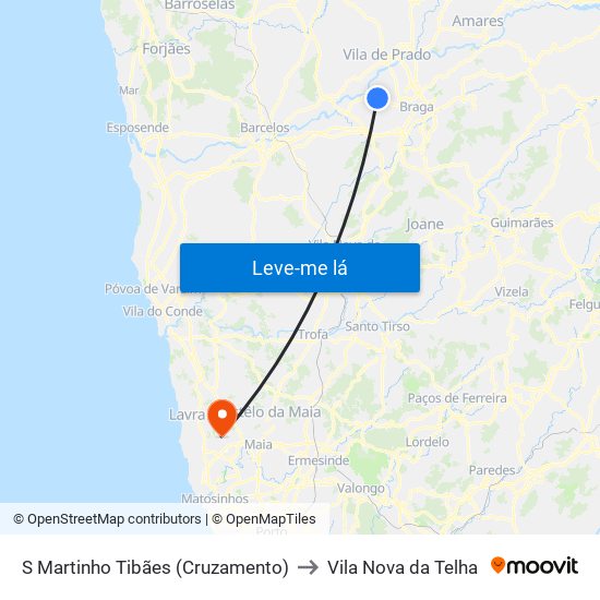 S Martinho Tibães (Cruzamento) to Vila Nova da Telha map