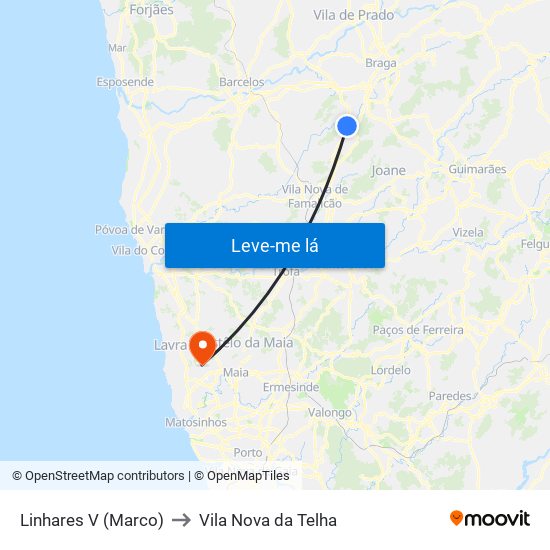 Linhares V (Marco) to Vila Nova da Telha map