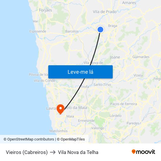 Vieiros (Cabreiros) to Vila Nova da Telha map