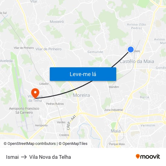 Ismai to Vila Nova da Telha map