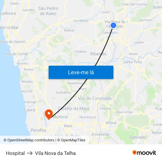 Hospital to Vila Nova da Telha map