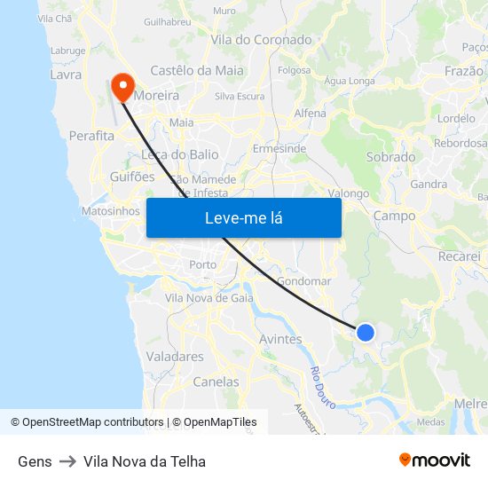 Gens to Vila Nova da Telha map
