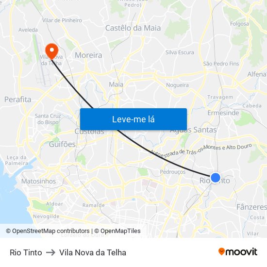 Rio Tinto to Vila Nova da Telha map