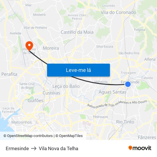 Ermesinde to Vila Nova da Telha map