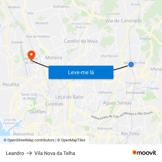 Leandro to Vila Nova da Telha map