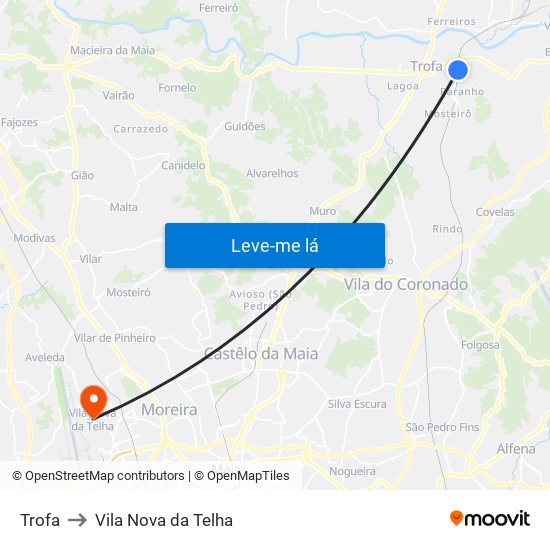 Trofa to Vila Nova da Telha map