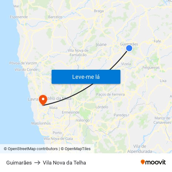 Guimarães to Vila Nova da Telha map