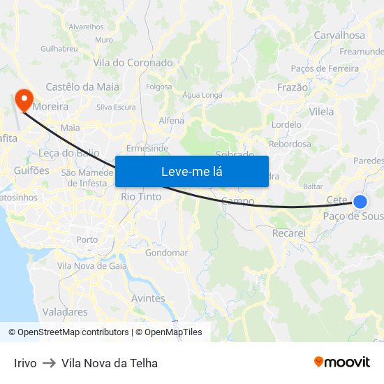 Irivo to Vila Nova da Telha map