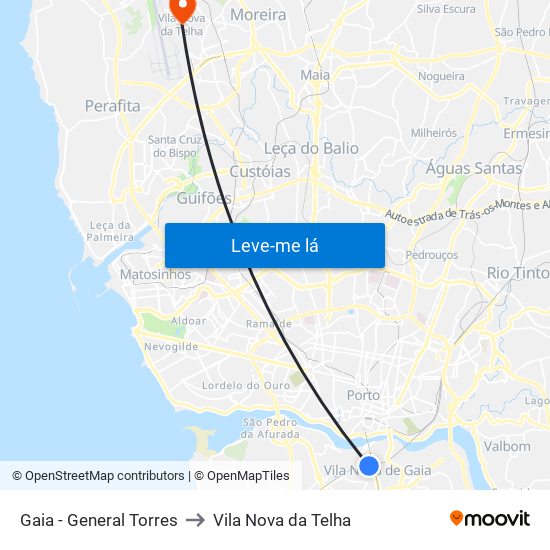 Gaia - General Torres to Vila Nova da Telha map