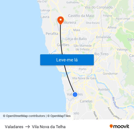 Valadares to Vila Nova da Telha map
