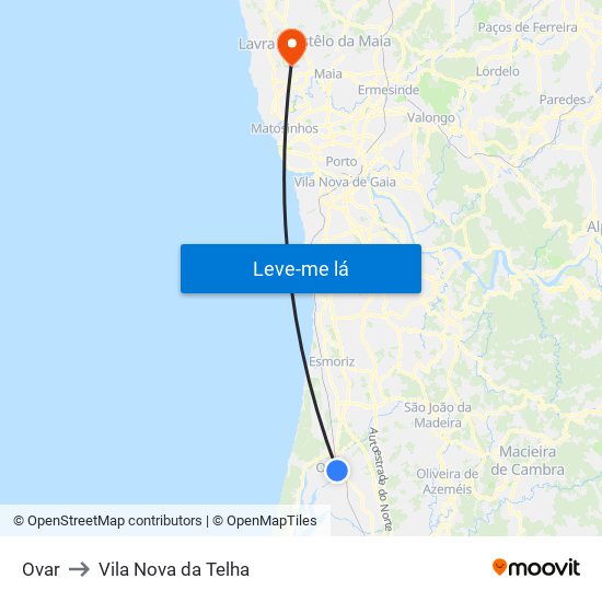 Ovar to Vila Nova da Telha map