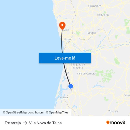 Estarreja to Vila Nova da Telha map