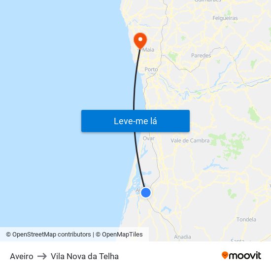 Aveiro to Vila Nova da Telha map