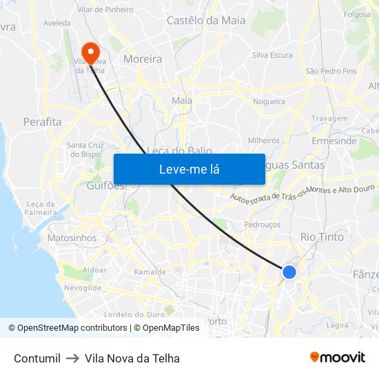 Contumil to Vila Nova da Telha map