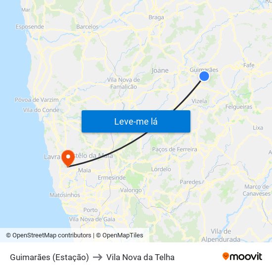 Guimarães (Estação) to Vila Nova da Telha map