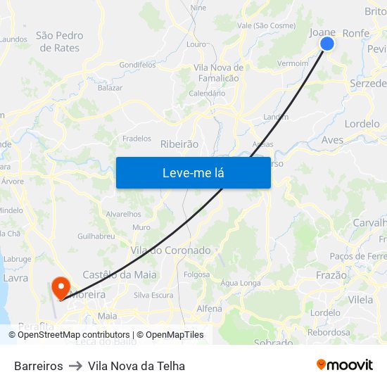 Barreiros to Vila Nova da Telha map