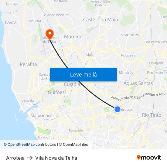 Arroteia to Vila Nova da Telha map