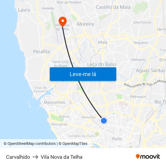 Carvalhido to Vila Nova da Telha map