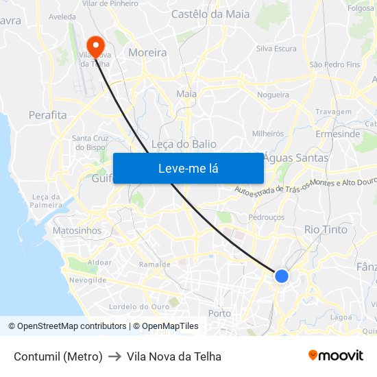 Contumil (Metro) to Vila Nova da Telha map