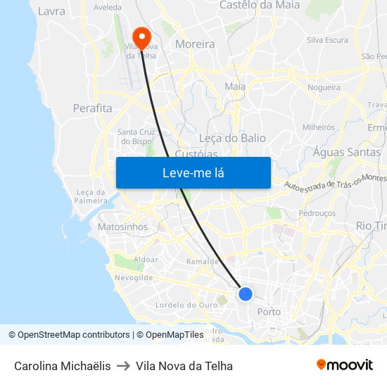 Carolina Michaëlis to Vila Nova da Telha map