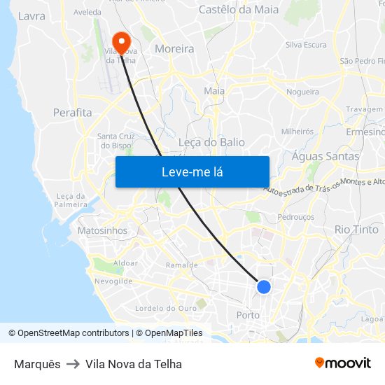 Marquês to Vila Nova da Telha map
