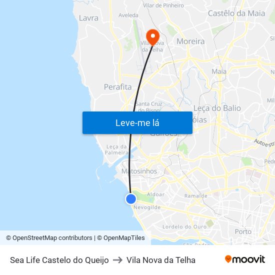 Sea Life Castelo do Queijo to Vila Nova da Telha map