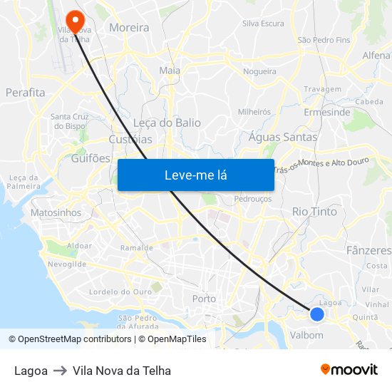 Lagoa to Vila Nova da Telha map