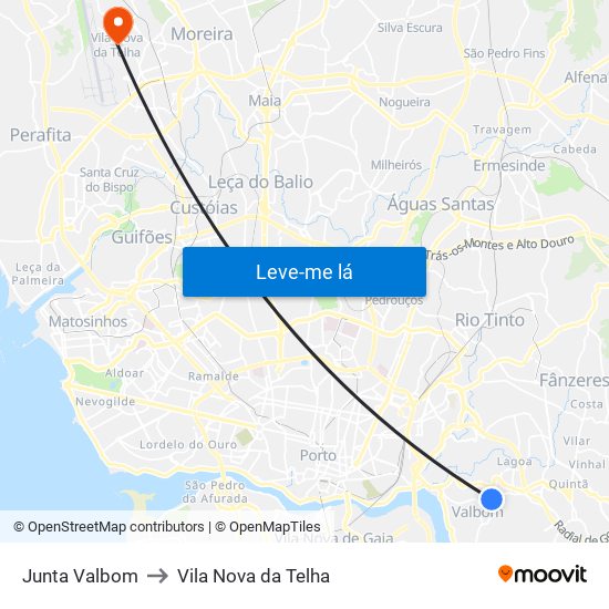 Junta Valbom to Vila Nova da Telha map