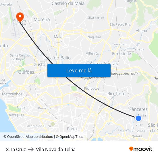 S.Ta Cruz to Vila Nova da Telha map