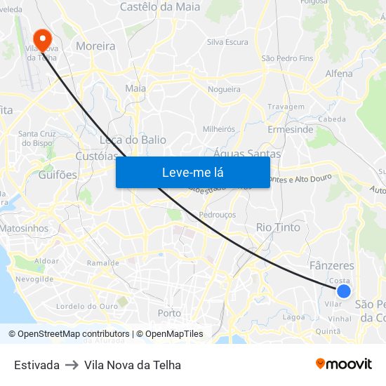 Estivada to Vila Nova da Telha map