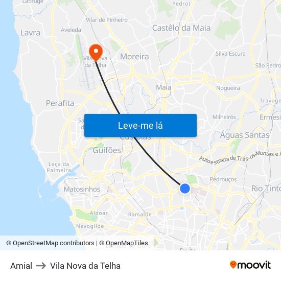 Amial to Vila Nova da Telha map